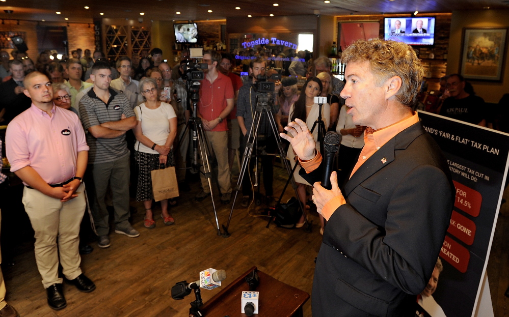 U.S. Sen. Rand Paul, R-Ky., speaks to members of the media and his supporters at Linda Bean’s Perfect Maine Kitchen and Topside Tavern in Freeport on Tuesday.