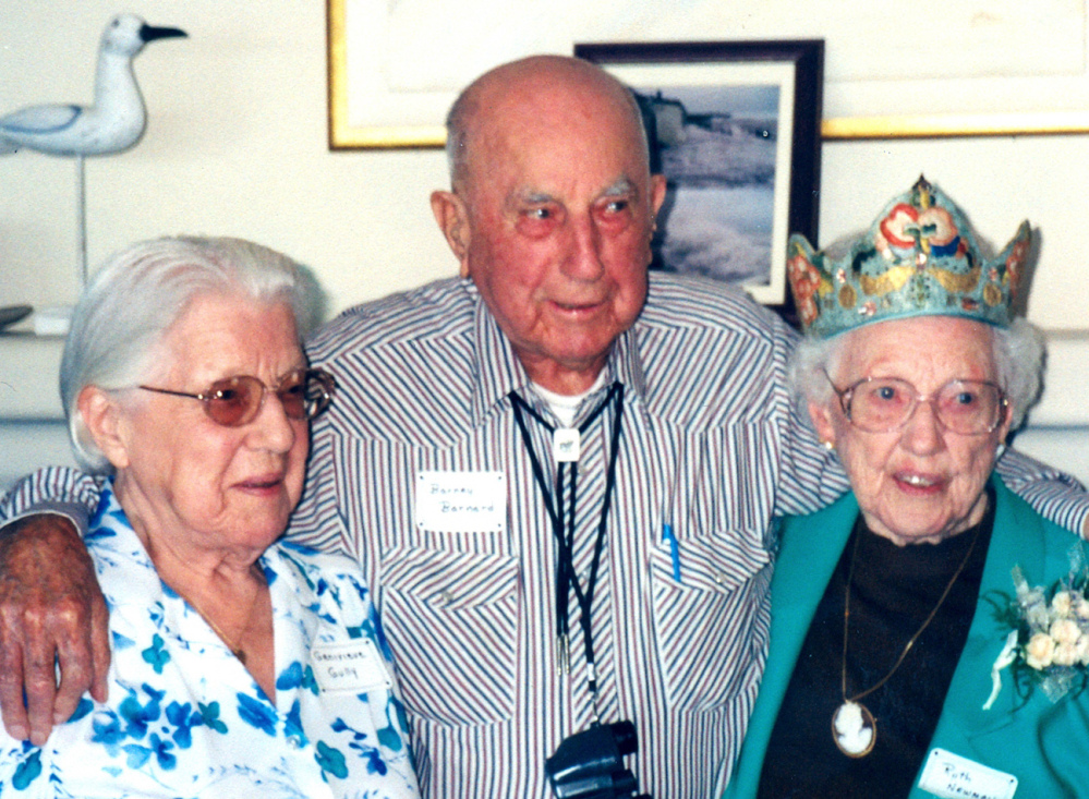 Ruth Newman, right, celebrates her 100th birthday Sept. 23, 2001, with her older brother Barney Barnard and younger sister Genevieve Gully in Pebble Beach, Calif. She recalled how containers of cream and milk were thrown to the floor of the ranch where she lived during the San Francisco quake.