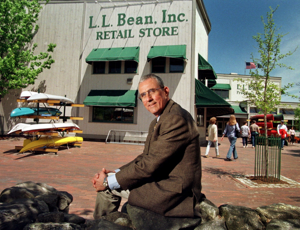 Leon A. Gorman, who is stepping down as president and chief executive officer of L.L. Bean, sits outside one of the company's stores in Freeport, Maine, in May 1999. Gorman, 66, is the grandson of the company's founder, Leon Leonwood Bean. He will be succeeded by Chris McCormick, the chief operating officer. (AP Photo/Robert F. Bukaty)