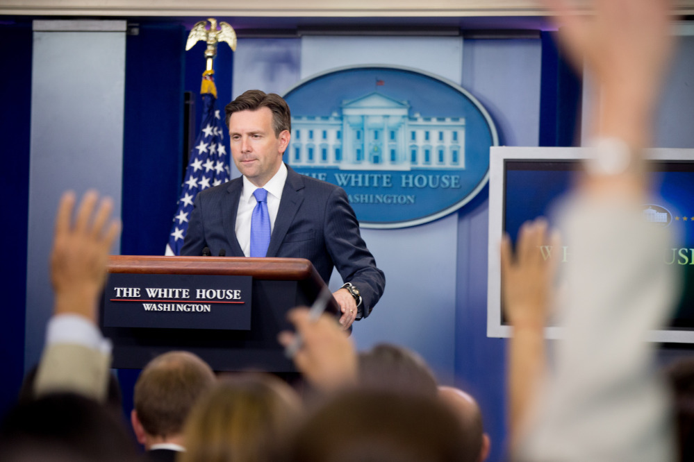 White House press secretary Josh Earnest speaks during the daily news briefing at the White House on Tuesday. He made clear the administration's preference for the Senate to block the disapproval resolution against the Iran nuclear accord before it could reach President Obama's desk.
The Associated Press