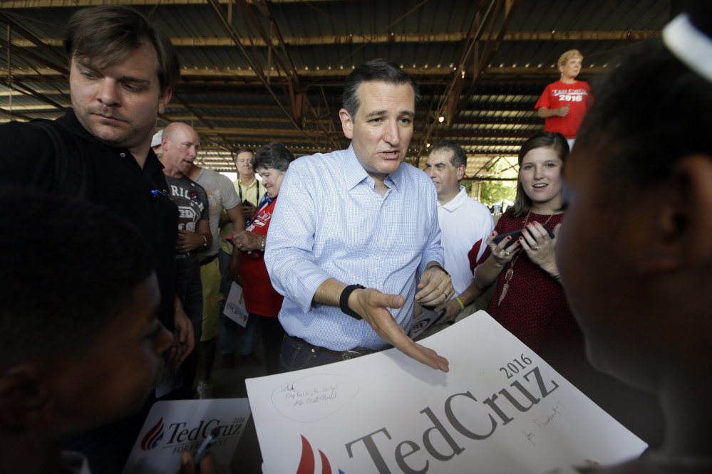 Republican presidential candidate Texas Sen. Ted Cruz greets supporters after speaking at a campaign event at the Stockyards in Forth Worth, Texas, Thursday, Sept. 3, 2015. (AP Photo/LM Otero)
