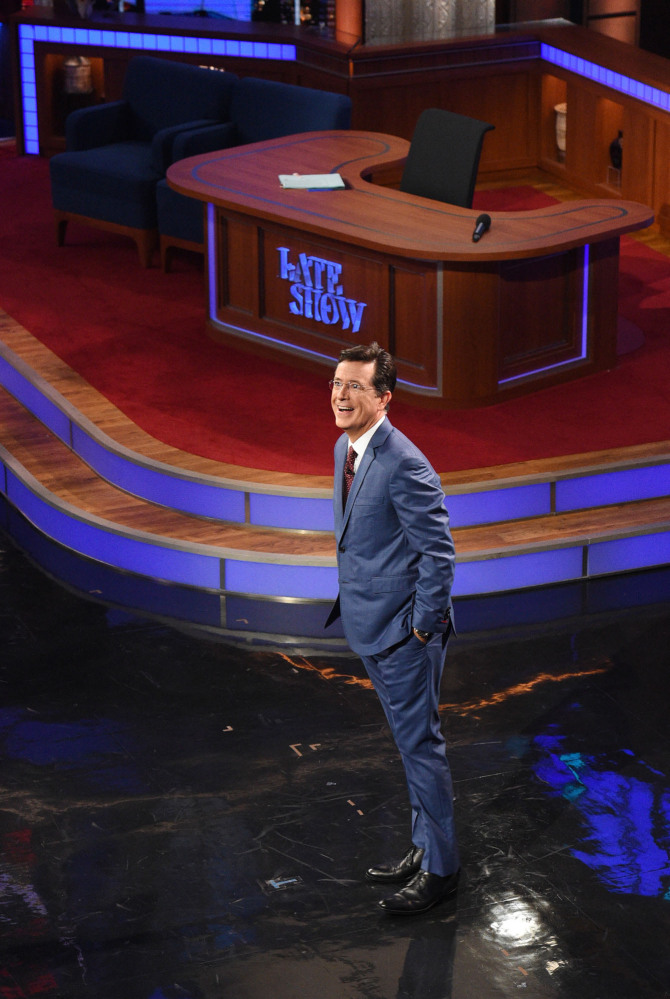 Stephen Colbert appears for his first “Late Show” on Tuesday in the renovated Ed Sullivan Theater in New York.