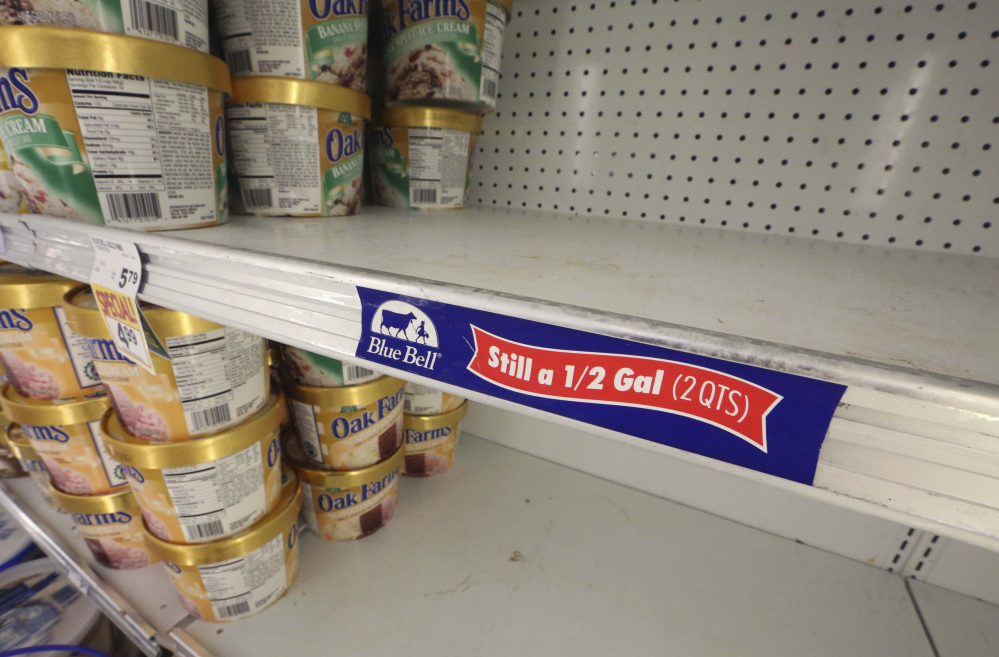 Shelves sit empty at a grocery store in Dallas in April following a voluntary recall issued by Texas-based Blue Bell Creameries for all of its products after two samples of chocolate chip cookie dough ice cream tested positive for Listeriosis.