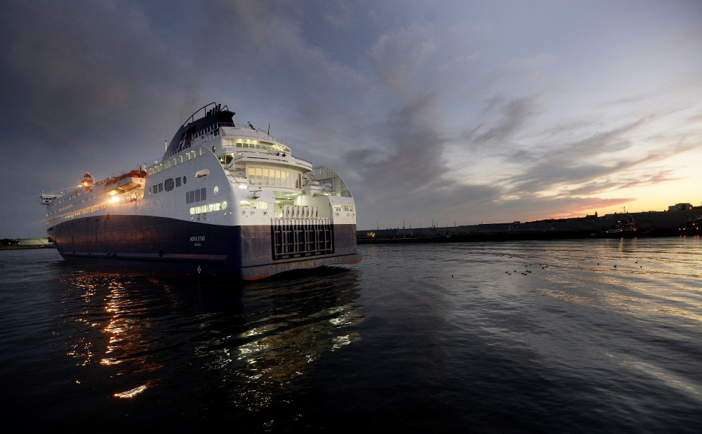 The Nova Star arrives at dusk in Portland Harbor about a year ago. Through August this year, the ferry had carried just 37,800 passengers, a 6 percent decrease from the 40,347 it had carried through August last year. Those numbers are remarkably low compared with the huge numbers of people who rode ferries across the Gulf of Maine in the past.