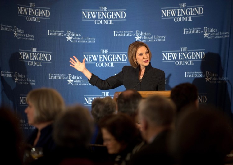 Former Hewlett-Packard Chief Executive Carly Fiorina speaks at the New England Council's "Politics and Eggs" breakfast in Bedford, New Hampshire February 10, 2015. 