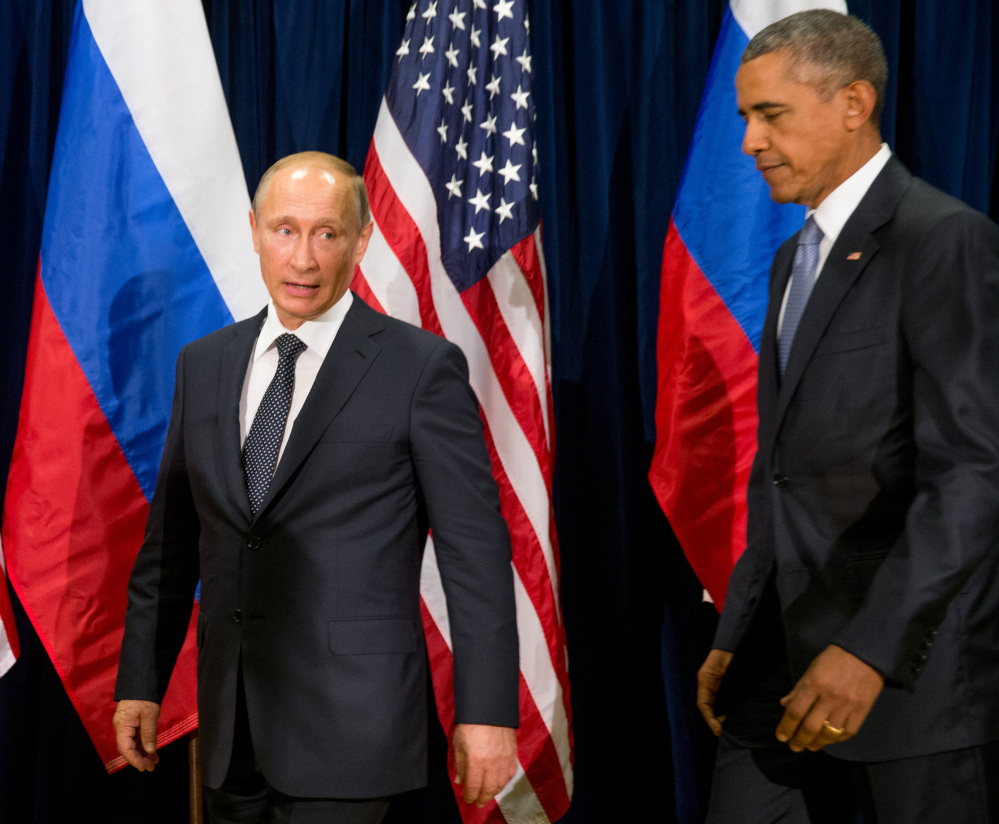 President Obama and Russian President President Vladimir Putin arrive to begin their first one-on-one meeting in more than two years Monday at United Nations headquarters.