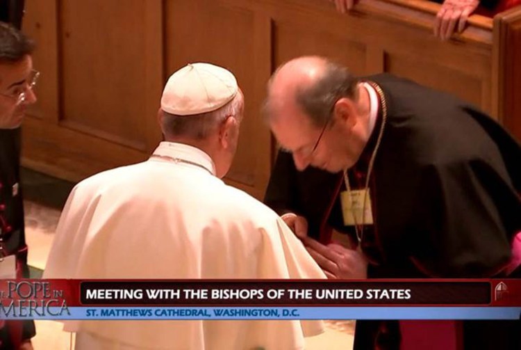 Maine's Bishop Robert P. Deeley greets Pope Francis in this still image taken from CatholicTV's presentation of midday prayers. Deeley was among a small group of bishops who had the opportunity to personally greet the pope.