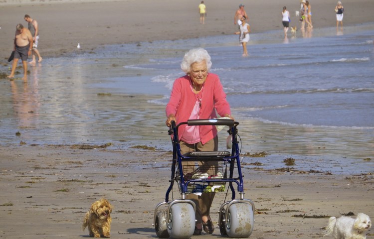 Barbara Bush takes a walk with her dogs on Kennebunk Beach on Tuesday with a walker made for the sand.