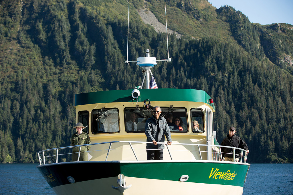 President Barack Obama takes a boat tour of glaciers to see the effects of global warming in Alaska Tuesday. While he continues his historic three-day trip to Alaska, political forces have aligned in his favor in Washington. The Associated Press