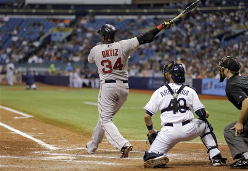 Boston Red Sox's David Ortiz watches his 500th career home run off Tampa Bay Rays starting pitcher Matt Moore during the fifth inning of a baseball game Saturday, Sept. 12, 2015, in St. Petersburg, Fla.  watching is Rays catcher J.P. Arencibia, and home plate umpire Adam Hamari. (AP Photo/Chris O'Meara)