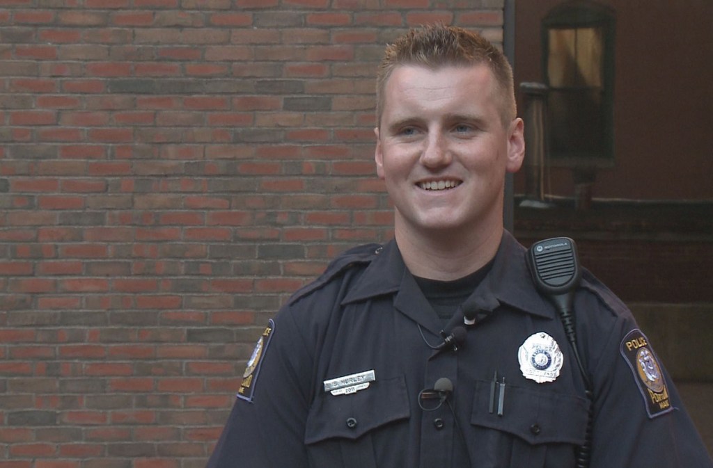 Officer Sean Hurley says he was just doing his job when he encountered a heroin addict and, according to the man, "shook my hand, pulled me in for a hug, and told me he would say a prayer for me.”
Courtesy WCSH-TV