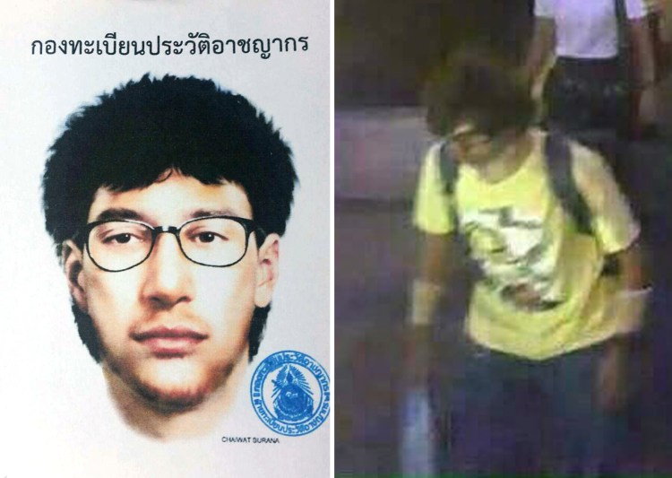 A sketch and closed circuit television image of the main suspect in a deadly bombing at the Erawan shrine in downtown Bangkok on  Aug. 17, 2015. Royal Thai Police via AP