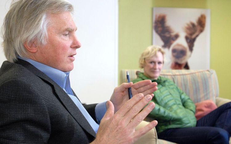 In this 2008 photo, David Shaw and Glenn Close talk about Fetchdog, a company they co-founded. Press Herald file photo