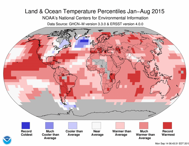 January-August 2015 Blended Land and Sea Surface Temperature Percentiles (NOAA)
