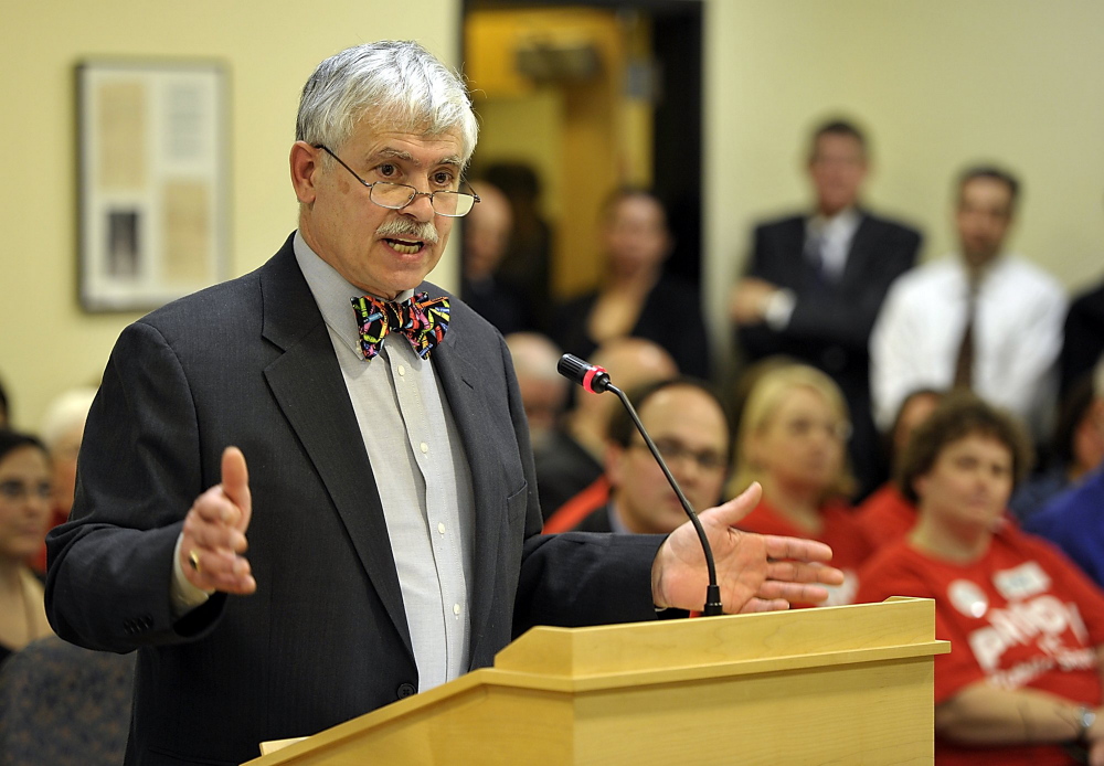 Sen. Tom Saviello speaks to the Joint Standing  Committee on Education and Cultural Affairs in 2013. The state Supreme Judicial Court will hear cases at Mt. Blue High School in Farmington Wednesday at Saviello’s invitation.