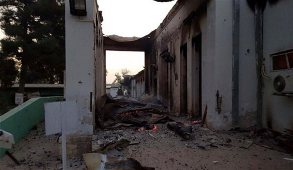 The burnt Doctors Without Borders hospital is seen after an explosion in the northern Afghan city of Kunduz, on Saturday.