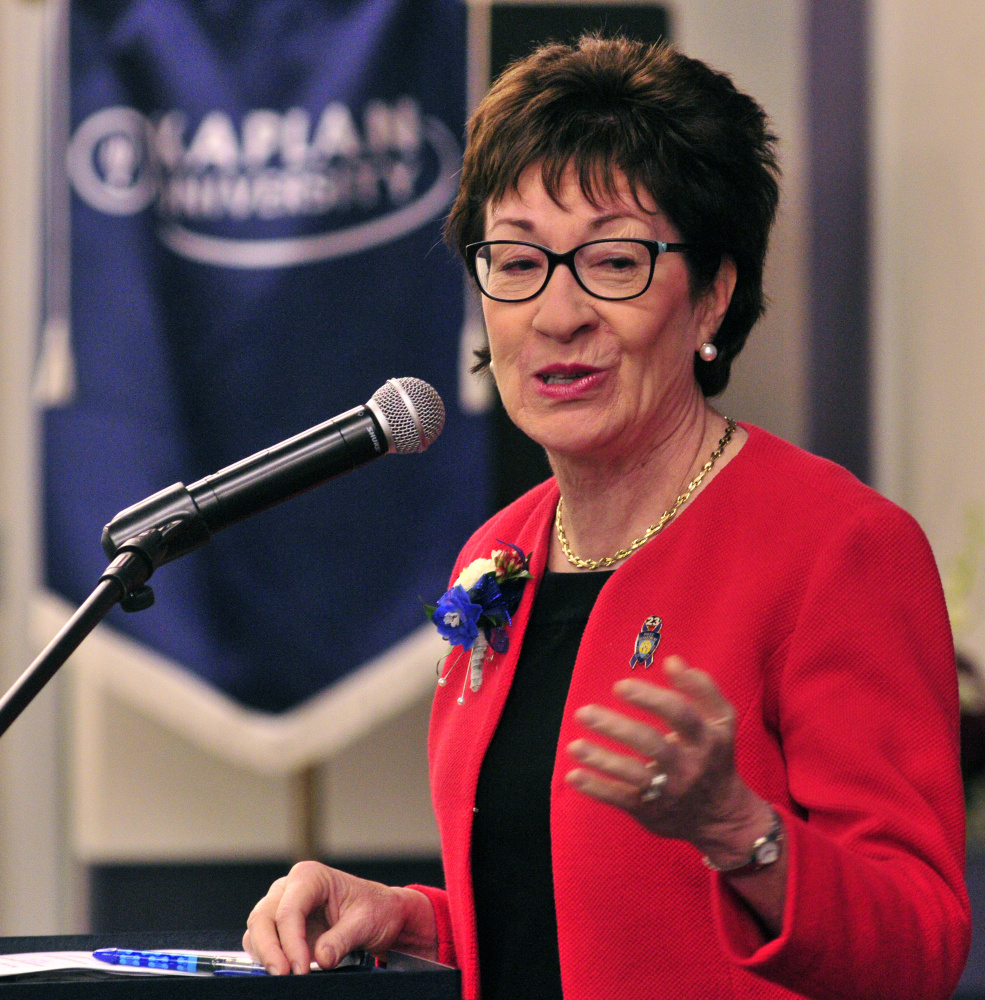 U.S. Sen. Susan Collins, R-Maine, speaks during an awards ceremony Saturday at Kaplan University in Augusta.