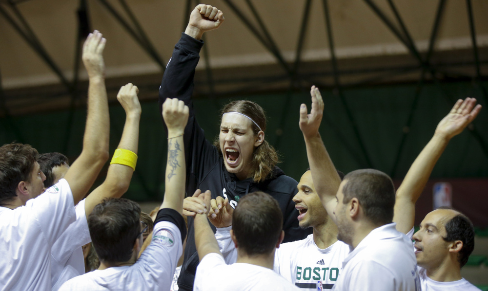 Boston’s Kelly Olynyk shouts during an exhibition on the occasion of the ‘NBA Special Olympic Basketball Clinic’ on Saturday in Milan, Italy.