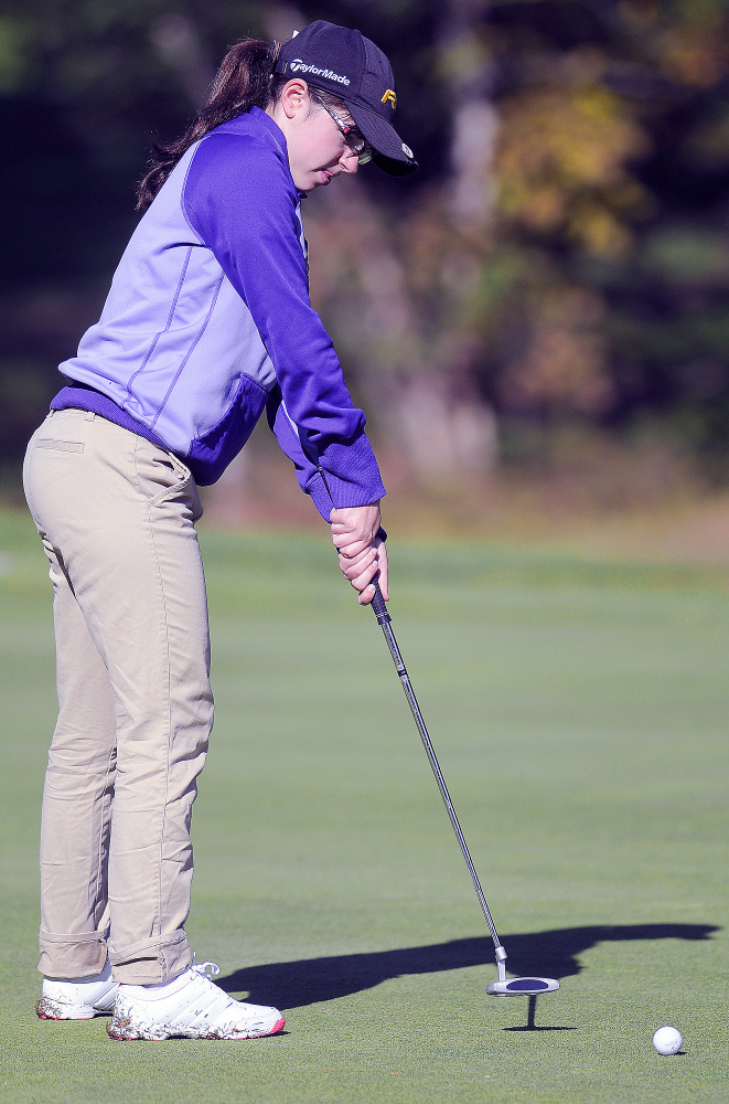 Staff photo by Andy Molloy
Carrabec High School’s Katie Dixon putts during the Mountain Valley Conference state golf qualifier Wednesday at Natanis Golf Course. Dixon shot a 103 to qualify for the individual schoolgirl state championship on Oct. 17.