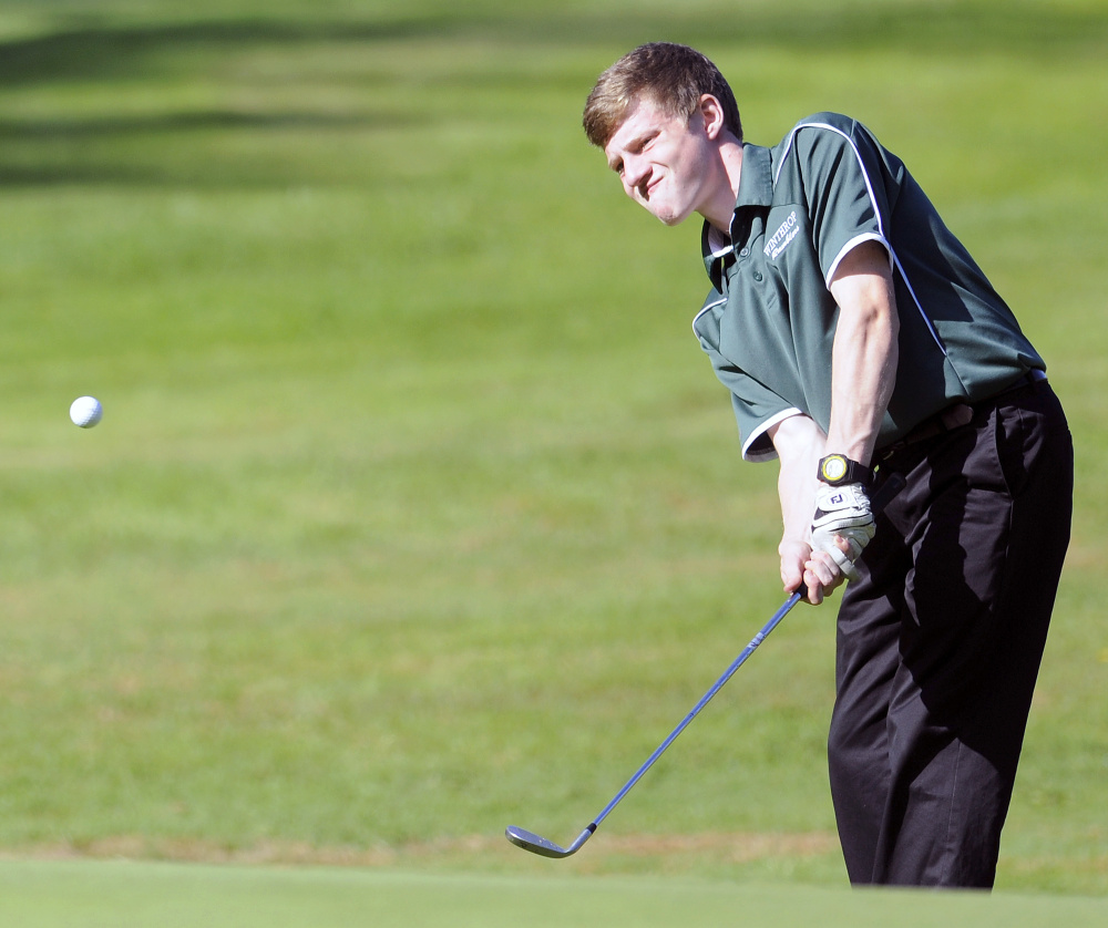 Staff photo by Andy Molloy
Winthrop High School’s Charlie de Haas watches his shot during the Mountain Valley Conference state golf qualifier Wednesday at Natanis Golf Course. de Haas shot a 93.