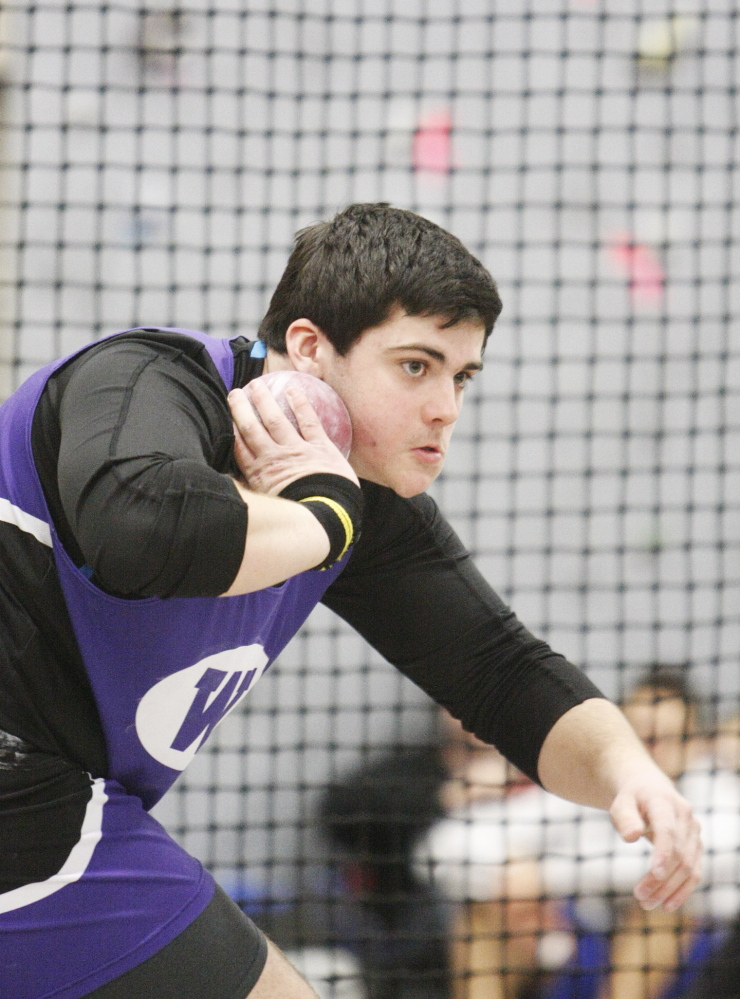 Portland Press Herald photo by Jill Brady 
 Trever Gray, of Waterville, prepares to throw the shot put during the Class B indoor track and field state championship meet last February at Bates College in Lewiston. Gray will attend the University of Connecticut.