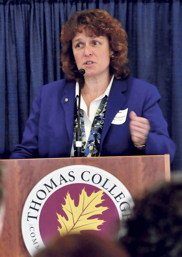 Thomas College President Laurie Lachance speaks about spurring economic development in the Waterville area with student resources and collaboration with Colby College assets during a Business Breakfast series at Thomas College in Waterville on Thursday.