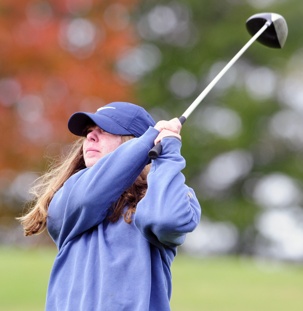 Mount View’s Cassidy Gerrish swings away on the Tomahawk course during the state team golf tournament Saturday at Natanis Golf Club in Vassalboro.