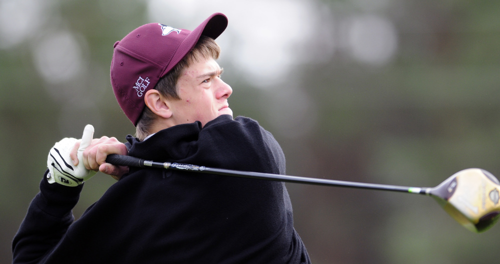 Maine Central Institute’s Nate Tilton tees off on the first hole of Tomahawk during the state team golf tournament Saturday at Natanis Golf Club in Vassalboro.