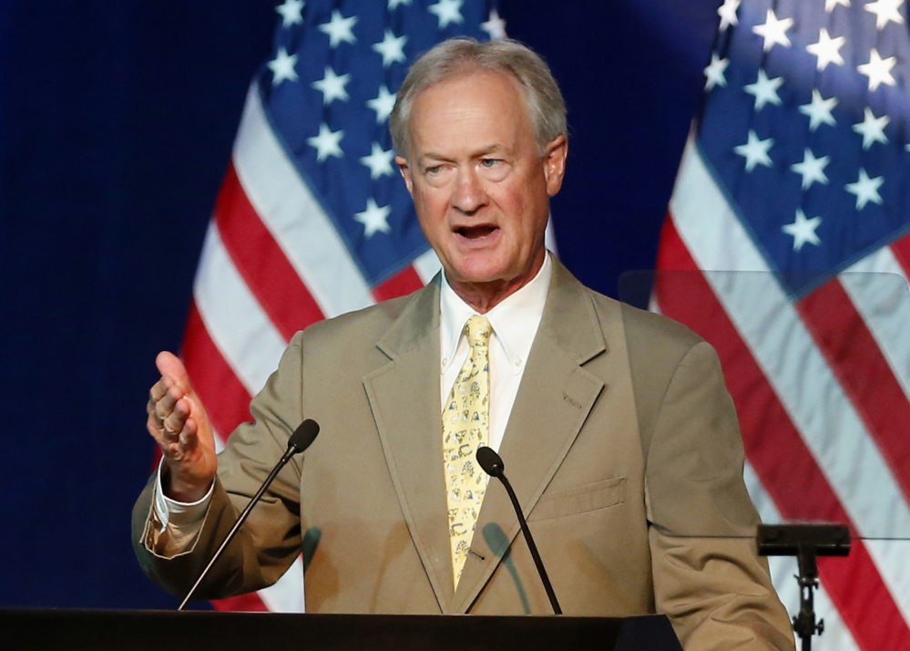 In this Aug. 28, 2015 file photo, Democratic presidential candidate, former Rhode Island Gov. Lincoln Chafee speaks in Minneapolis.
