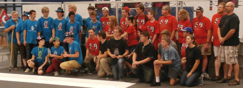 Alliance partners REM Delta Prime Robotics from Hall-Dale High School and Riot Crew from South Portland pose after placing second at Mainely Spirit.