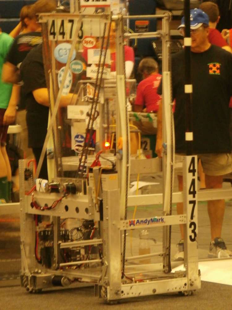 Big Ben, a robot built by Hall-Dale High School’s REM Delta Prime Robotics Team, sets up before a match at Mainely Spirit.
