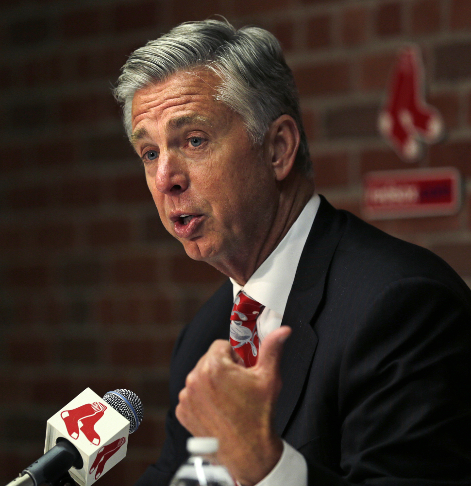 AP photo 
 Boston Red Sox President of Baseball Operations Dave Dombrowski gesture as he talks with reporters during a news conference Tuesday at Fenway Park in Boston.