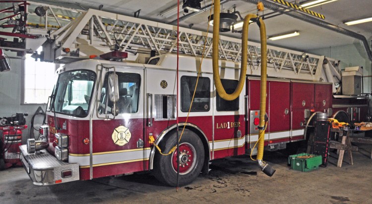 Augusta’s disabled ladder truck is parked in the Western Avenue station in this April file photo.