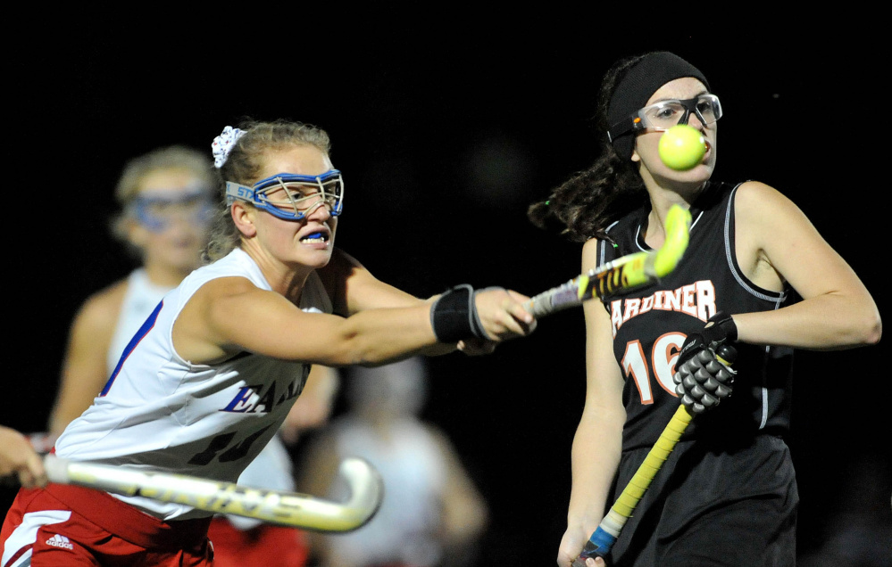 Messalonskee’s Riley Field (10) knocks down the ball in the first half against Gardiner in the first half of the KVAC championships Thursday at Thomas College in Waterville.