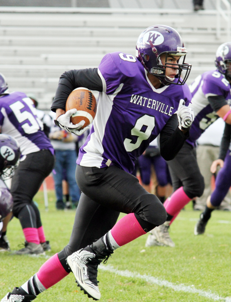 Waterville running back Demetrius Ramirez heads to the end zone in the second half of a Big Ten Conference game against John Bapst. Ramirez scored two touchdowns as the Panthers won, 16-0.