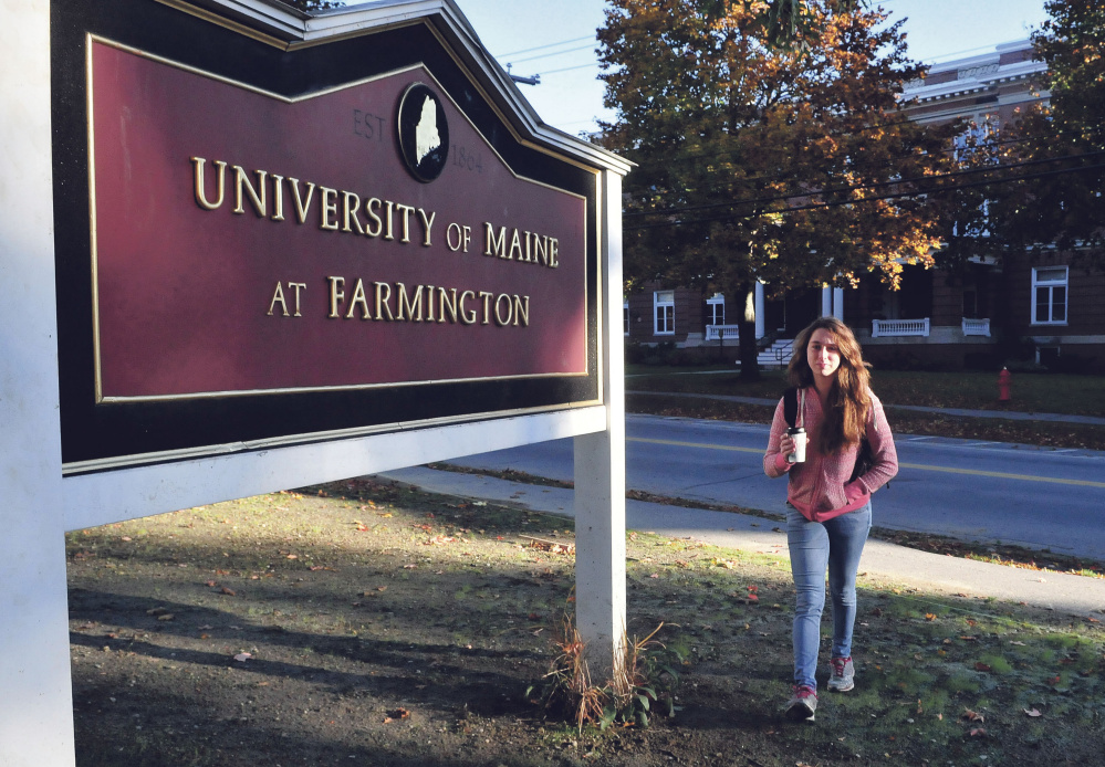 Veronica Manasco heads to class at the University of Maine at Farmington Thursday. Manasco was recently recognized for achieving academically despite adversity.