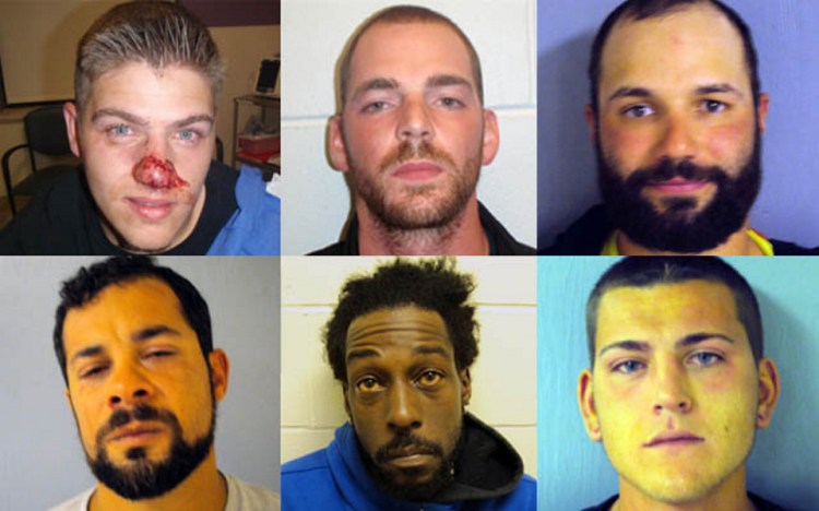 Arrested after a brawl Saturday morning in Waterville were, top row, left to right, Billy Jasper Trivette, Timothy Michael Thayer and Wilfredo Otero. Bottom row, left to right, Luis Leon, Daniel Gilkes and Thomas Dylan Cason.