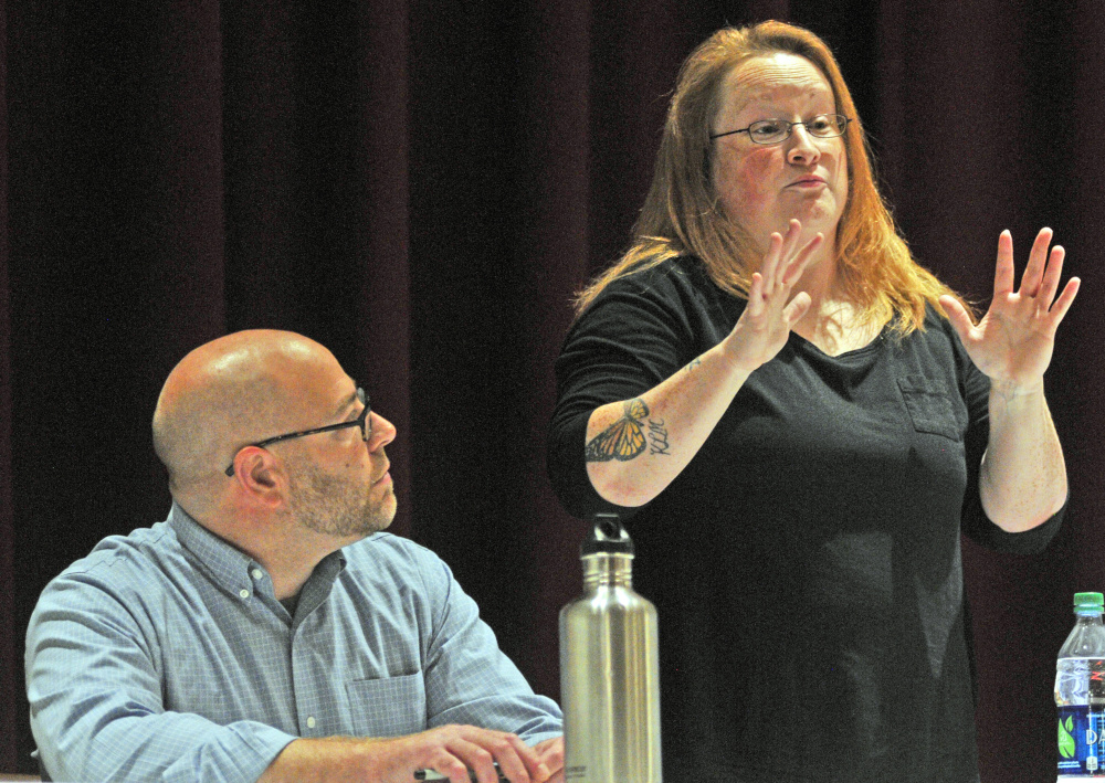 Hallowell City Council Ward 4 candidates Diano Circo, left, and Andrea Mooney take part in a candidates forum Tuesday at Hallowell City Hall.