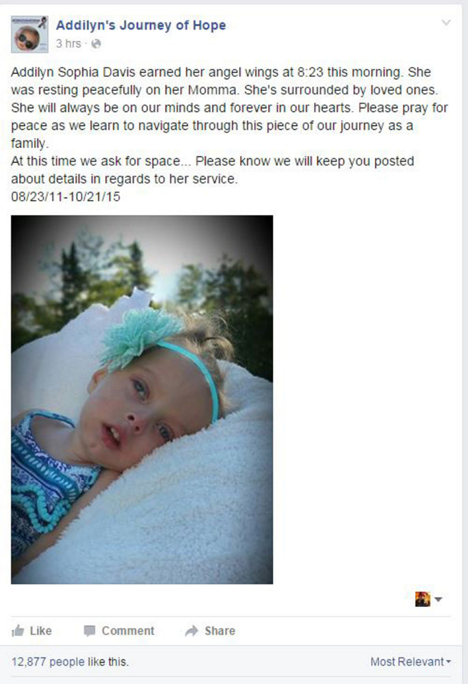 A Wednesday morning post told followers of the “Addilyn’s Journey for Hope” Facebook page that Addilyn had died. The 4-year-old had Krabbe disease, and the page had generated more than 116,000 followers as her family raised awareness of the rare genetic disorder that attacks the central nervous system.