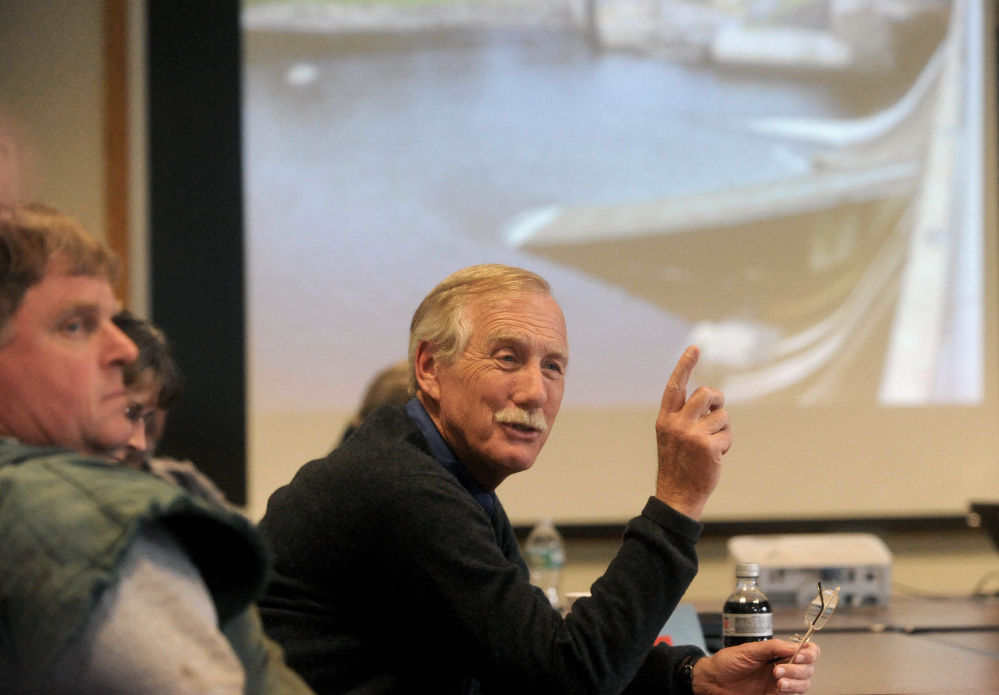 U.S. Senator Angus King, answers questions during a visit to Madison Paper Industries earlier this month. King and UPM President Russ Dreschel testified before the U.S. International Trade Commission Thursday on the damages that Canadian government subsidies to its paper mills have had on Maine’s paper mills.