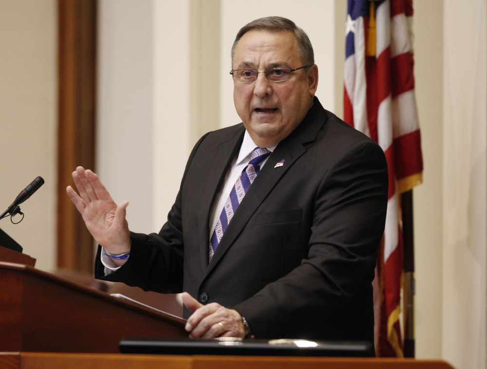 In this Feb. 3 photo, Gov. Paul LePage delivers his State of the State address to the Legislature at the Statehouse in Augusta. LePage made a wisecrack at a town hall meeting in Auburn that fell flat with women across the state. A spokesman for Maine Gov. Paul LePage said he was clearly joking when he criticized the spending needed for a campaign finance reform referendum as being akin to “giving your wife your checkbook.” The governor’s spokeswoman, Adrienne Bennett, pointed out that the governor’s wife is in charge of LePage’s checkbook.