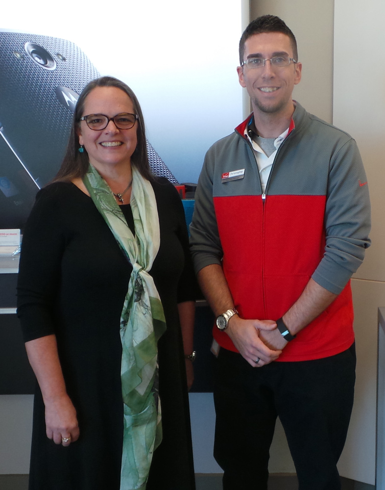 From left, Francine Garland Stark, executive director for Maine Coalition to End Domestic Violence; and Chris Martin, Solutions Manager for Verizon Wireless.
