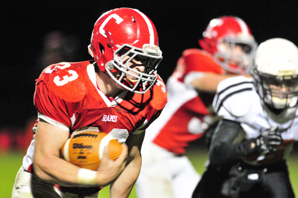 Reid Shostak heads to the end zone for Cony’s second touchdown of the game against Skowhegan earlier this season at Alumni Field in Augusta.