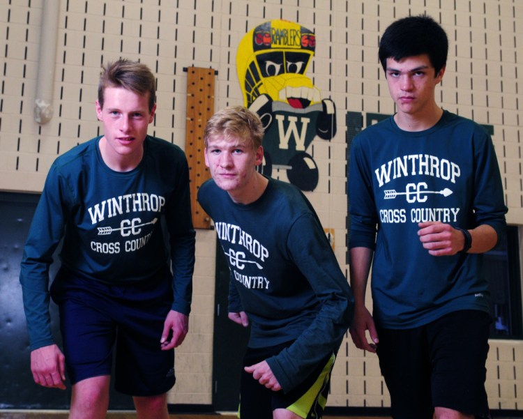 Winthrop cross country team members Jacob Hickey, left, Jesse Stevens, center, and William Vance will lead the Ramblers in the Class C state championship Saturday at Twin Brook in Cumberland.