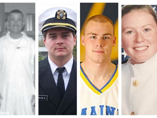 Pictured from left are Capt. Michael Davidson from Windham and Maine Maritime Academy graduates Michael Holland of Wilton, and Danielle Randolph and Dylan Meklin, both of Rockland. Not shown is  Mitchell Kuflik, 26, of Brooklyn, New York, another graduate of Maine Maritime Academy who died on the El Faro. WCSH photo