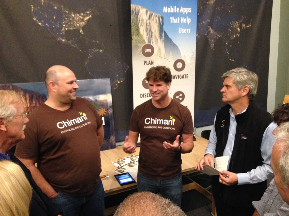 U.S. Sen. Angus King, far left, and America Online cofounder Steve Case, right, listen to Chimani co-founders Shaun Meredith and Kerry Gallivan during the Rise of the Rest tour in Maine on Friday.