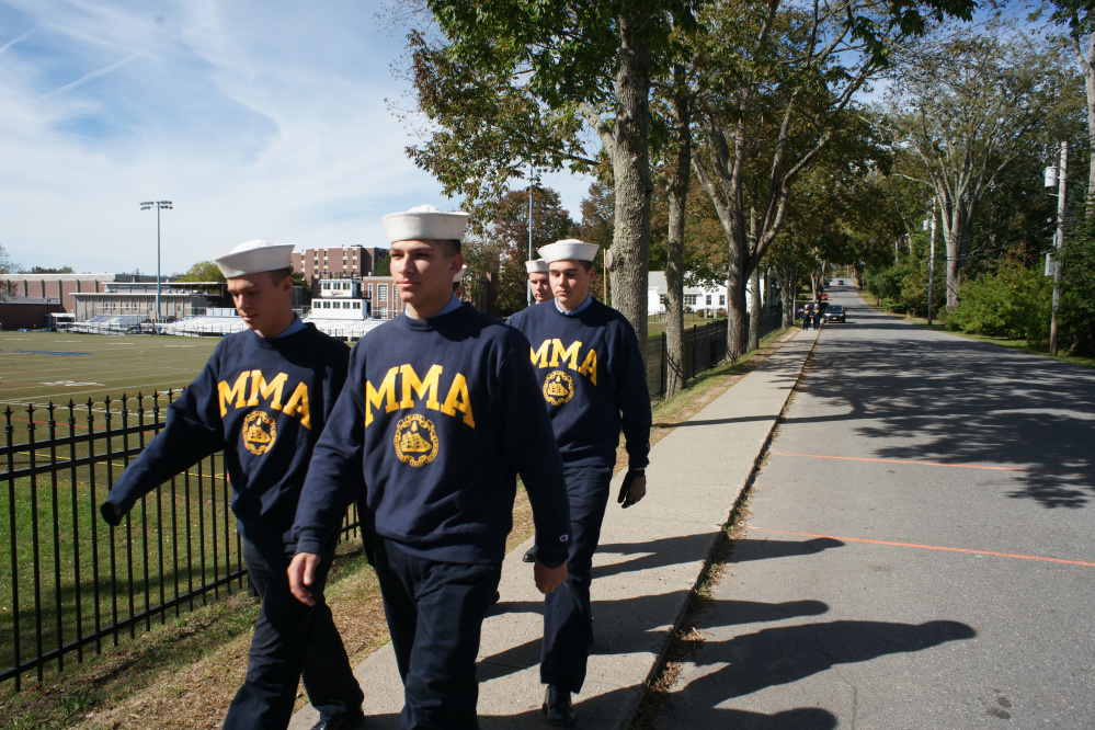 First-year students at Maine Maritime Academy march on campus Sunday.
Photos by Tom Bell/Staff Writer 