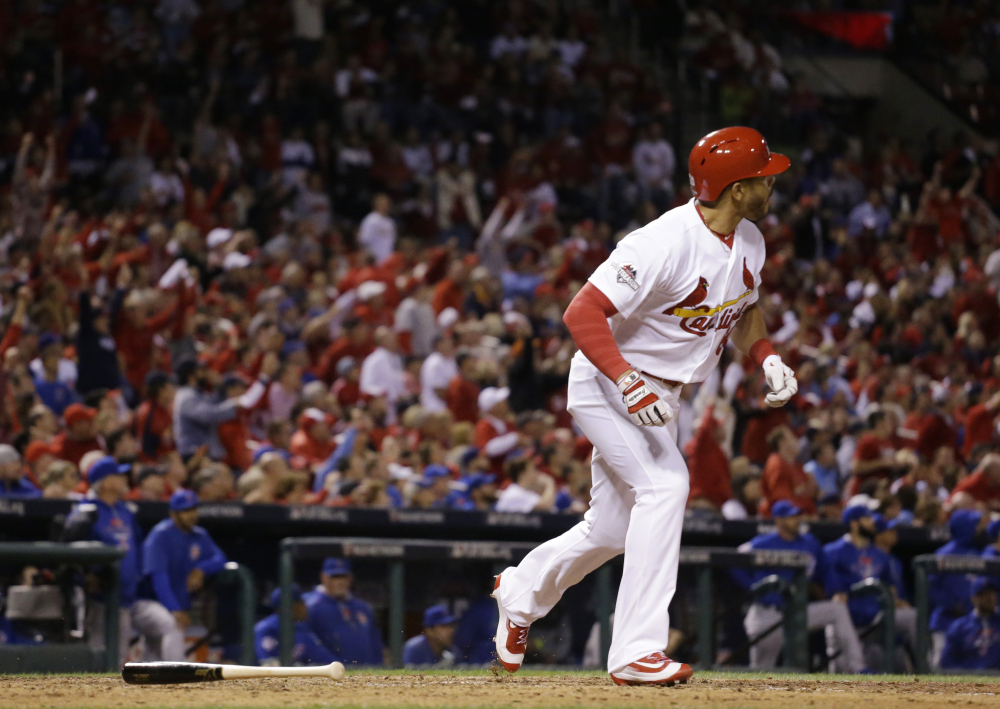 The Cardinals’ Tommy Pham watches his solo home run off Lester in the eighth inning.