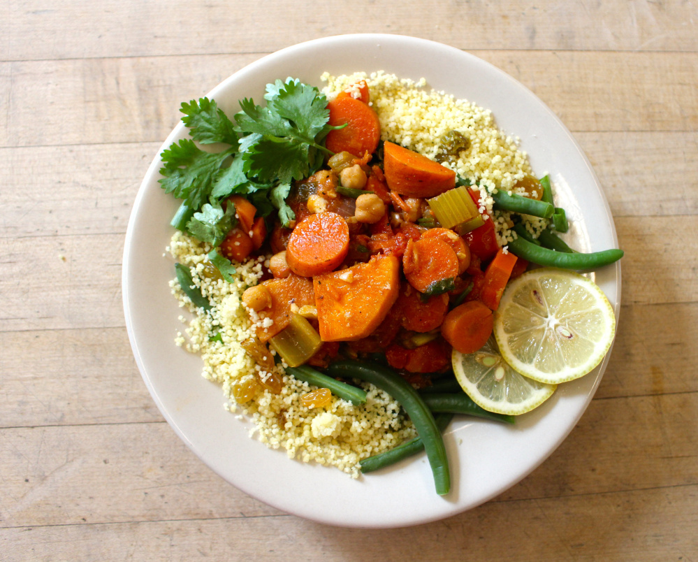 Featuring vegetables from the on-campus farm, this harissa chickpea and vegetable stew with golden raisin couscous and green beans is one of the vegan dishes served at the College of the Atlantic in Bar Harbor.
Courtesy College of the Atlantic