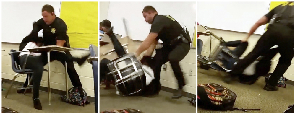 This three-image collage made from video taken by a Spring Valley High School student Monday shows Senior Deputy Ben Fields trying to forcibly remove a student from her chair after she refused to leave her high school math class, in Columbia, S.C. The Justice Department opened a civil rights investigation Tuesday after Fields flipped the student backward in her desk and tossed her across the floor.